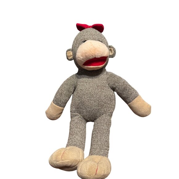 Build-A-Bear Workshop Sock Monkey Plush 17" With Red Bow Soft Feet Paws and Face - Picture 2 of 7